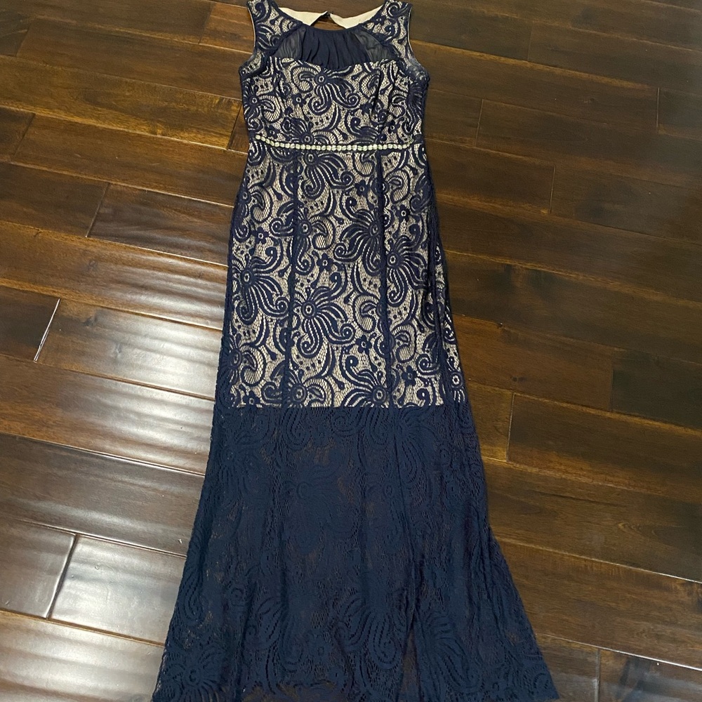Enfocus Studio Blue Tan Sleeveless Scoop Neck Maxi Gown
